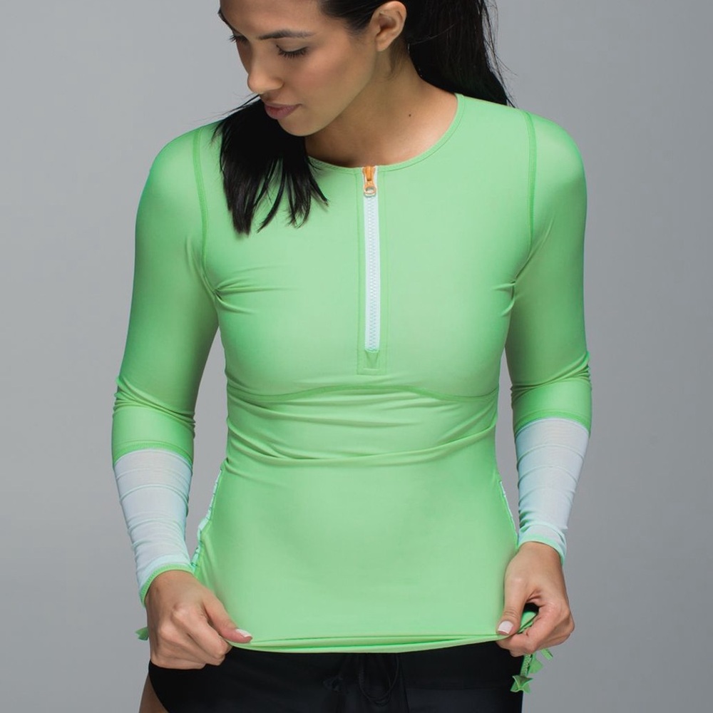 Lululemon Water: Surf To Sand Rashguard in color Dragonfly / Lemon Lime